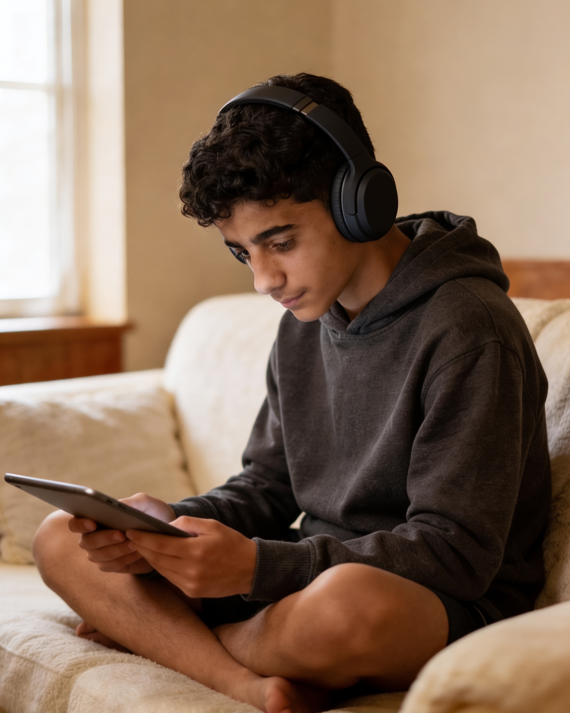 Child wearing headphones engaged in a Pluto therapy session