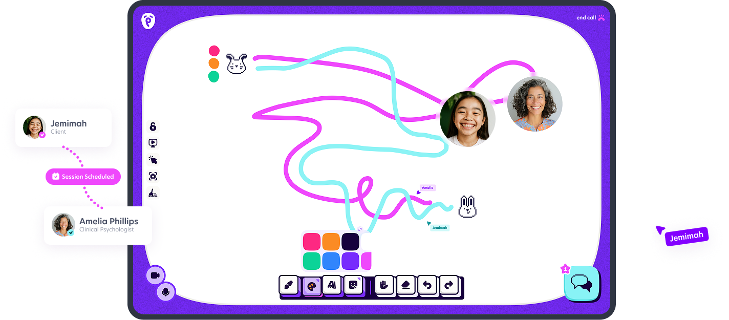 Pluto Connect — collaborative telehealth session with whiteboard canvas and video participants