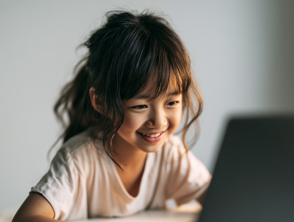 Child engaged with a laptop, smiling